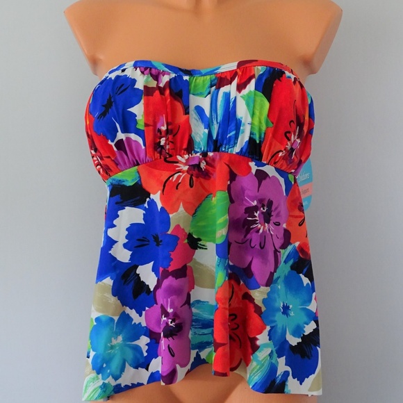 Swim Solutions Other - Swim Solutions Floral Shirred Bandeau Tankini Top